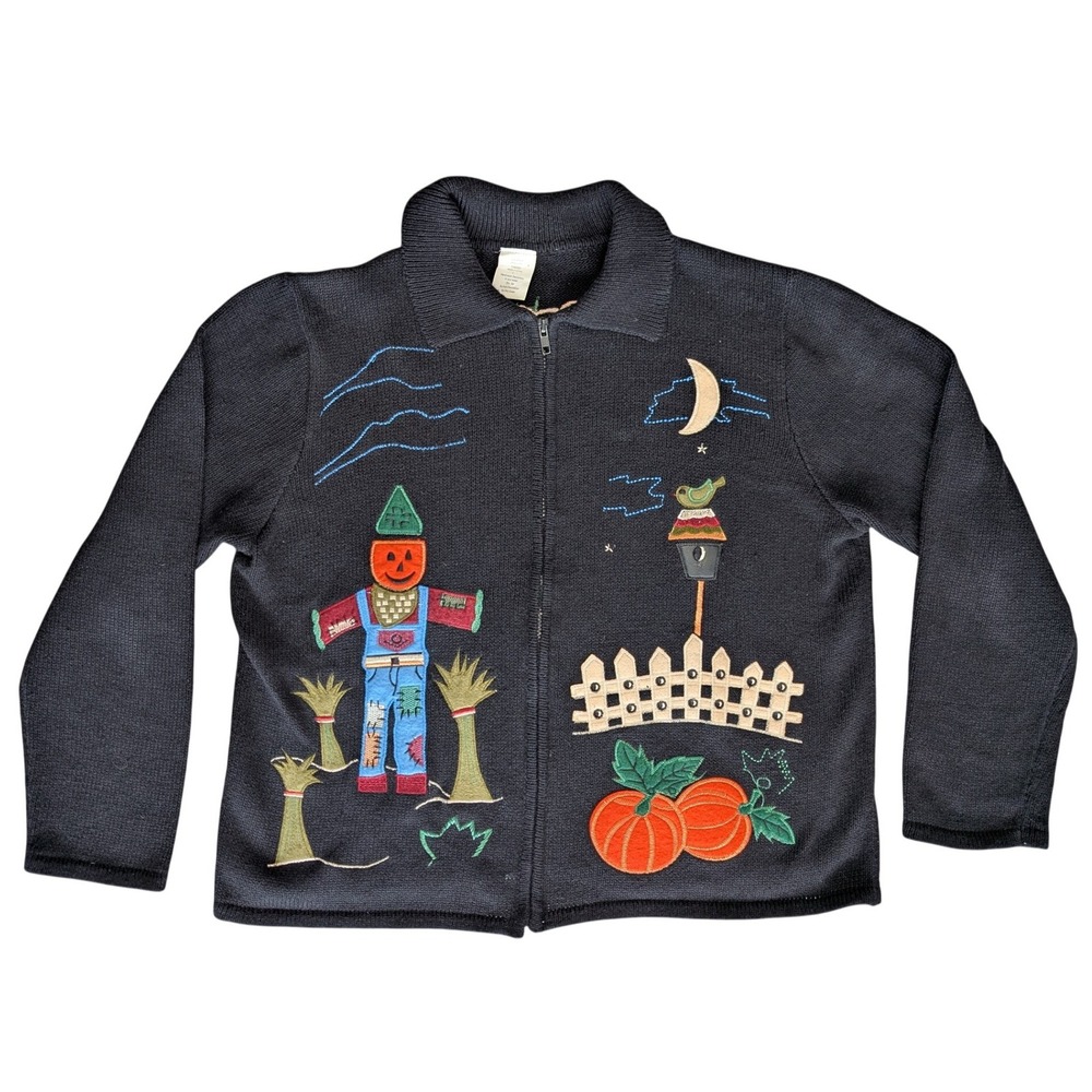 Vintage Large Black Fall Halloween Theme Knit Grandma Sweater Zip Up Cardigan